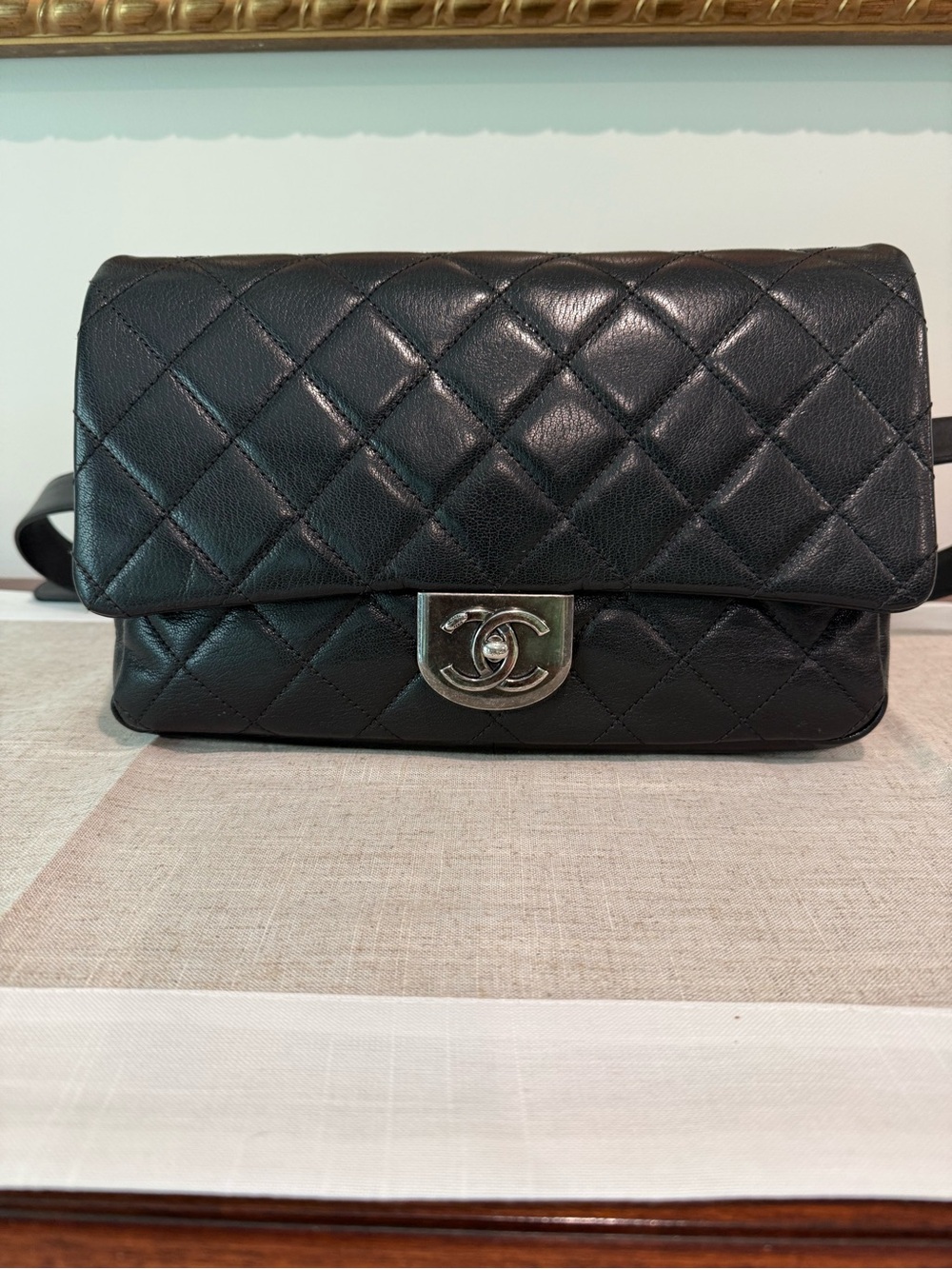 Chanel Black Quilted Goatskin Leather Shoulder Bag with Silver CC Turn-Lock
